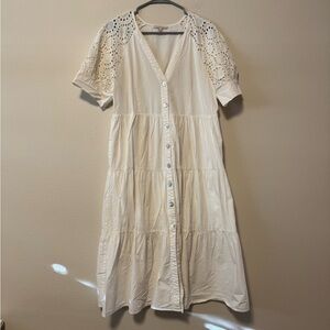 White Eyelet Sleeve Button-Front Midi Dress